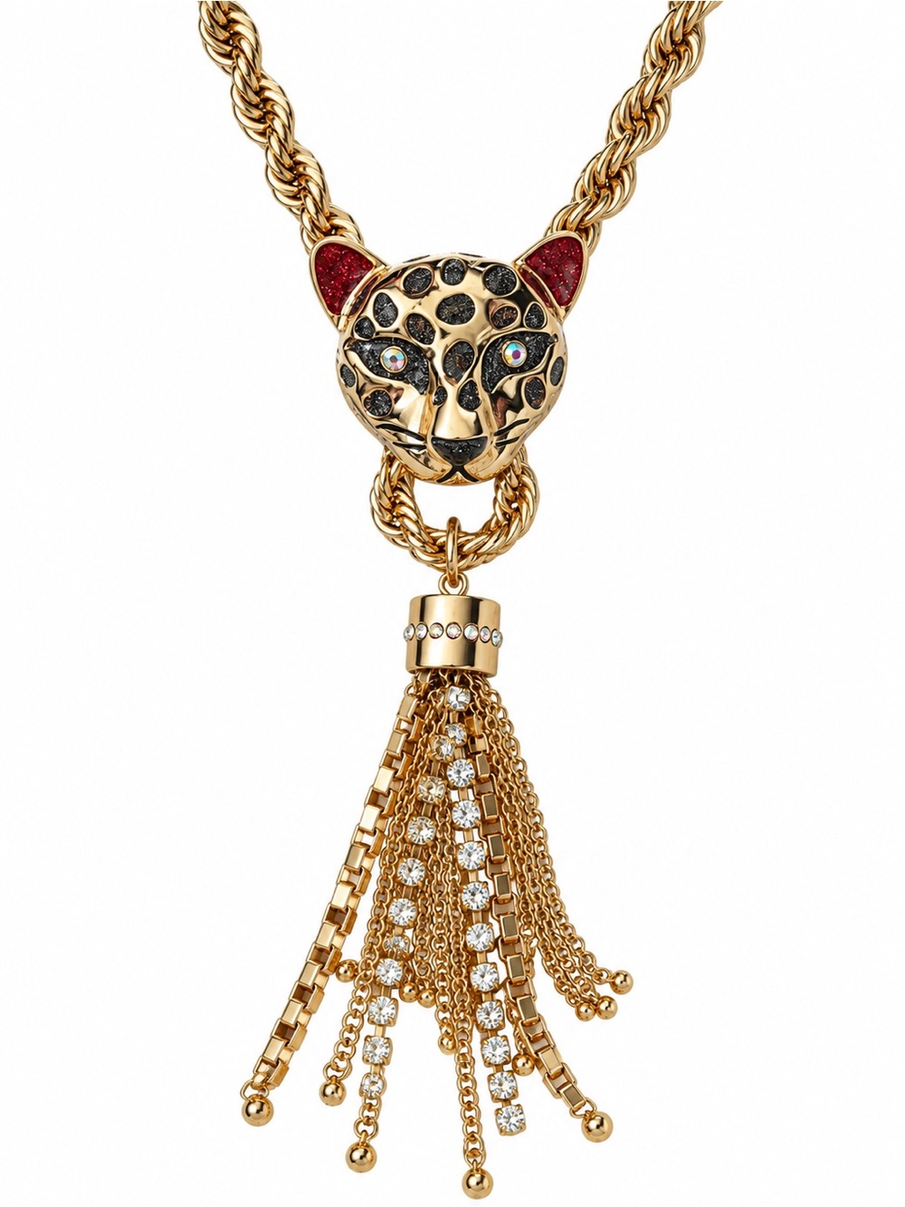 Betsey Johnson Leopard Panther Crystal Tassel Statement Necklace Gold Tone